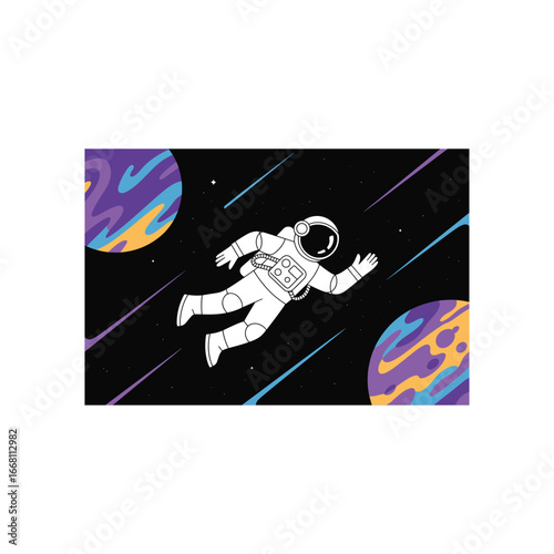 Astronaut floating in outer space surrounded by colorful planets and shooting stars exploration cosmic journey