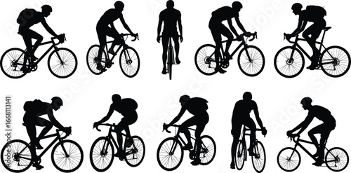 Silhouette collection of cyclists riding bicycles, outdoor exercise, urban transportation, fitness activity, road cycling, commuting, athlete workout, healthy lifestyle, black figure art.