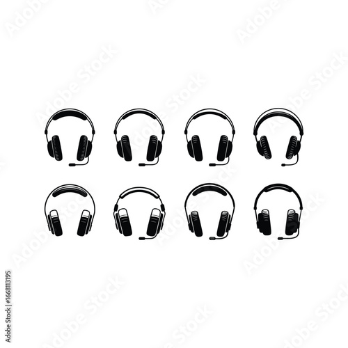 Collection of diverse black headphones with textured design various angles and styles