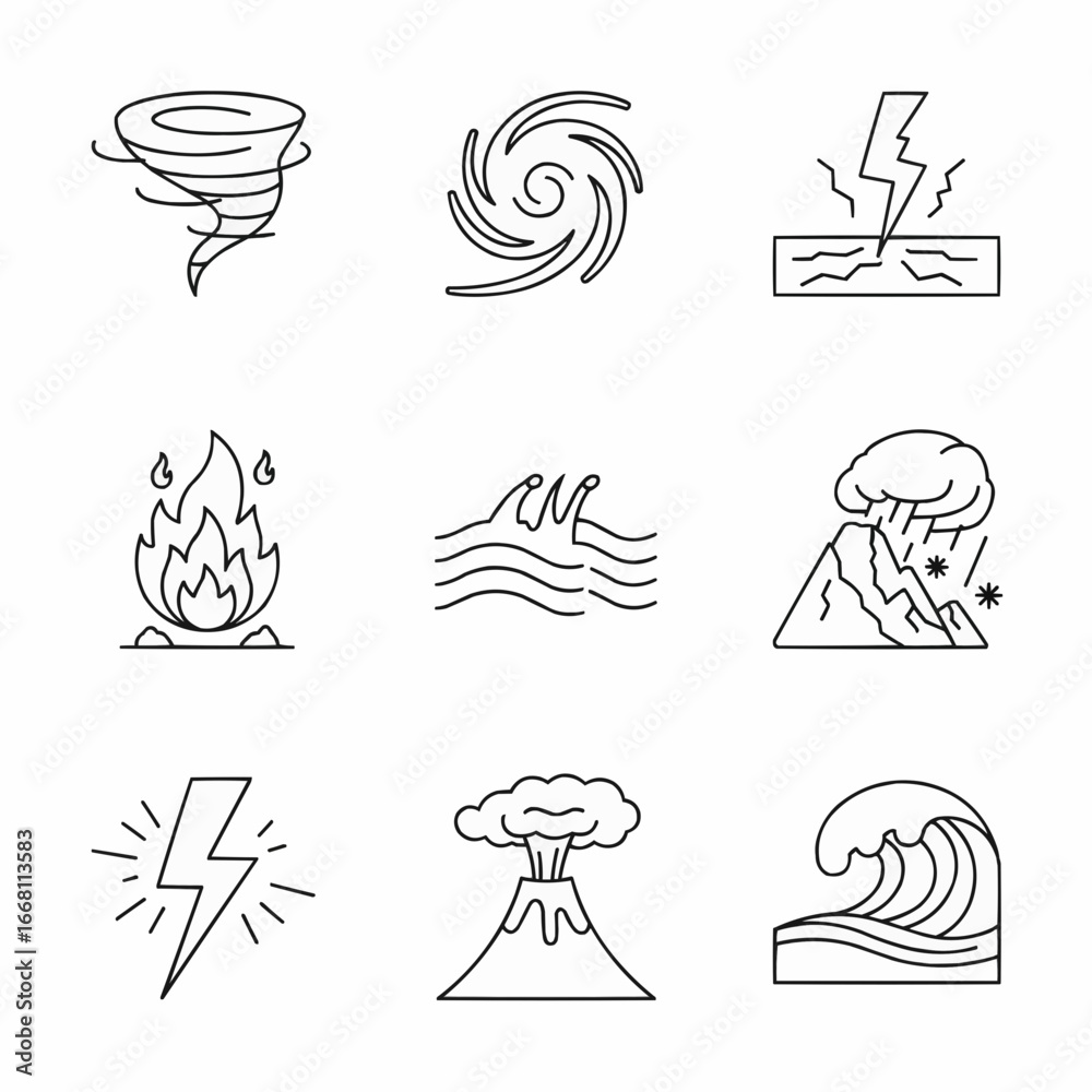Fototapeta premium Black and White Icons Representing Various Natural Disasters and Hazards
