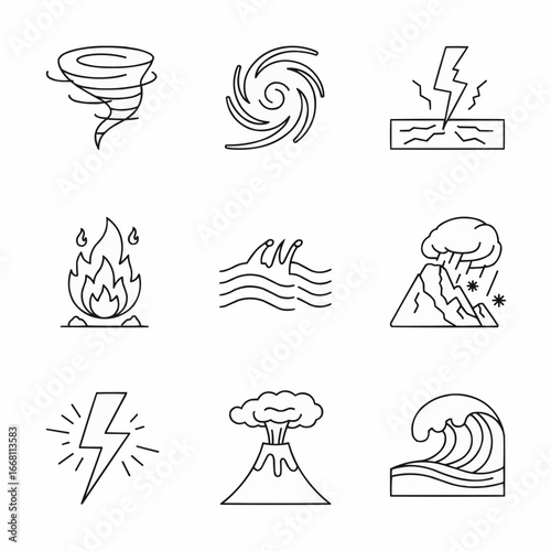 Black and White Icons Representing Various Natural Disasters and Hazards