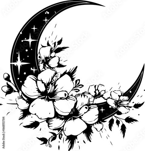 Floral crescent moon silhouette vector isolated on a white background