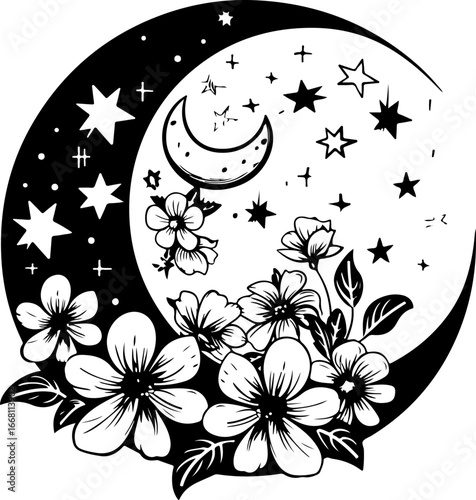 Floral crescent moon silhouette vector isolated on a white background
