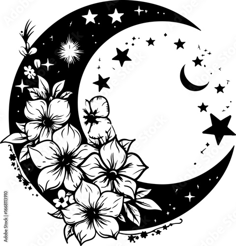 Floral crescent moon silhouette vector isolated on a white background