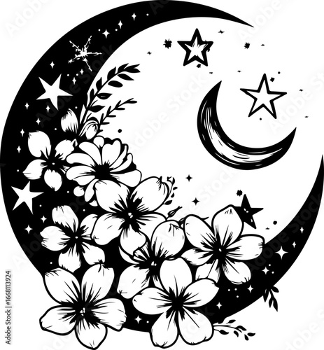 Floral crescent moon silhouette vector isolated on a white background