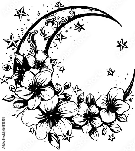 Floral crescent moon silhouette vector isolated on a white background