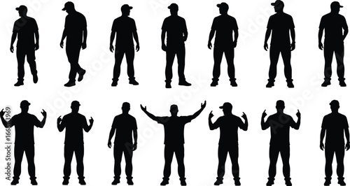 Silhouette of man in various standing and gesture poses, wearing casual clothes and cap, expressing attitude, motion, confidence, identity, and personality.