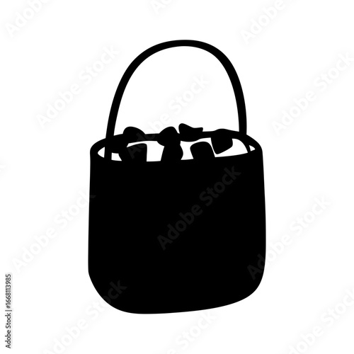 Black silhouette illustration of a bucket filled with rocks, stones or candy