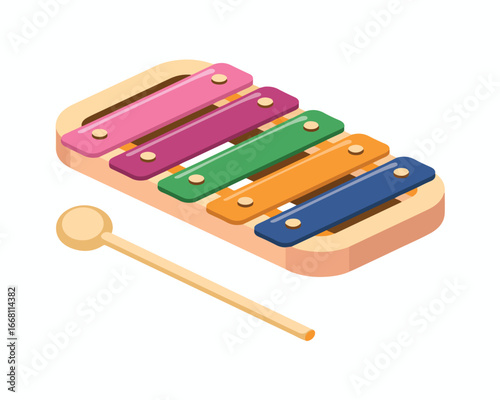 Wooden xylophone toy isolated on a white background with a red ball and brown box