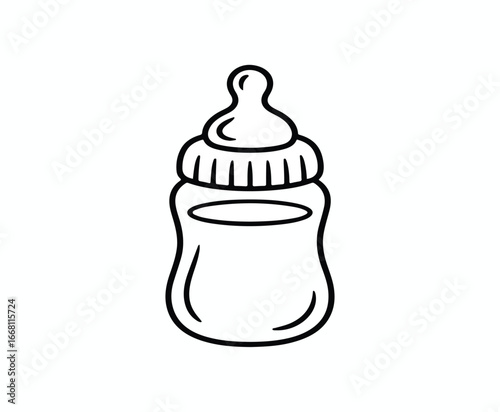 A plastic baby bottle filled with milk is a vital object for childhood feeding