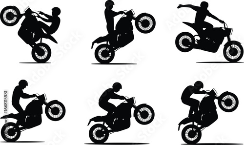 Silhouette of motocross riders performing stunts on dirt bikes, wheelie tricks, motorbike action poses, extreme sport vector illustration in black style.