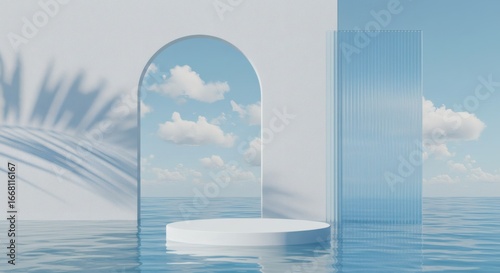Fototapeta Naklejka Na Ścianę i Meble -  Ocean Stage Archway Serene podium in water with sky reflection, and minimalist bliss.