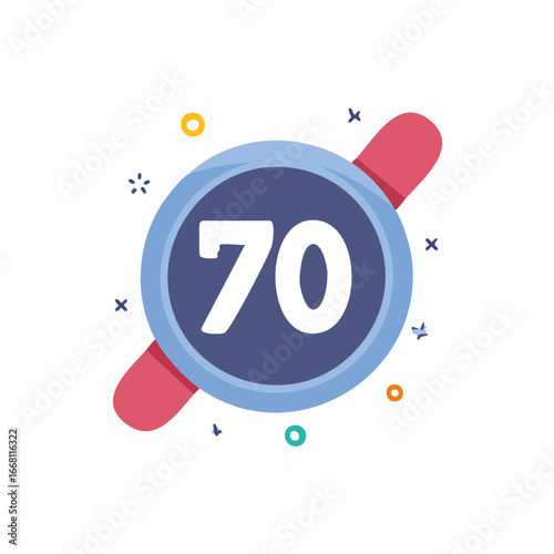 Seventy number design element in a round frame with festive graphic accents