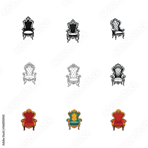 Set of antique throne chair for king and queen on white background.