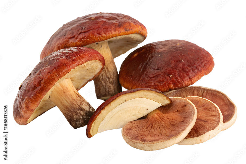Fototapeta premium Nutritious and Earthy Mushrooms, Both Whole and Carefully Sliced, Photographed in a Studio Setting Against a Pure White Background, Ideal for Food Concepts and Healthy Cuisine