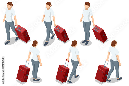 Isometric set of a woman character with a red suitcase. Different poses and angles for travel, migration, tourism, and passenger concepts. Vector illustration for transport and journey themes.