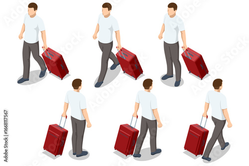 Isometric set of a man character with a red suitcase. Multiple views and poses for themes of migration, travel, tourism, transport, and passenger journeys.