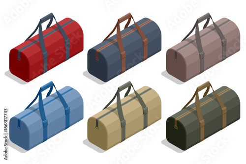 Isometric travel bags and duffle bags set in different colors. Vector illustration of luggage for tourism, migration, sport, and travel concepts