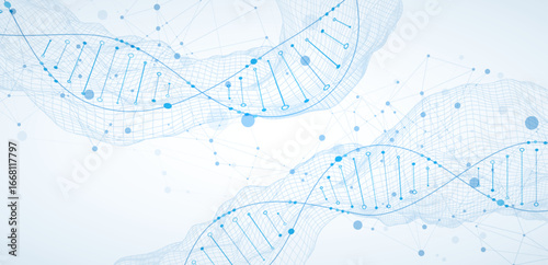 Abstract image of DNA molecule on wireframe wave. Scientific vector background.