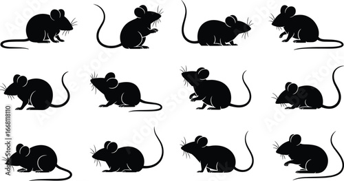 Silhouette mouse collection, black mouse icons, rodent illustration set, cartoon mouse design, animal silhouettes, cute mice graphic, vector style