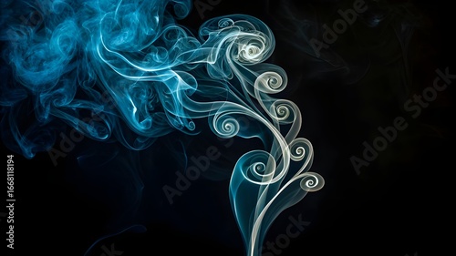 Ethereal Dance of Smoke: Capturing a mesmerizing swirl of smoky plumes in shades of cerulean and pristine white against an enigmatic black backdrop.