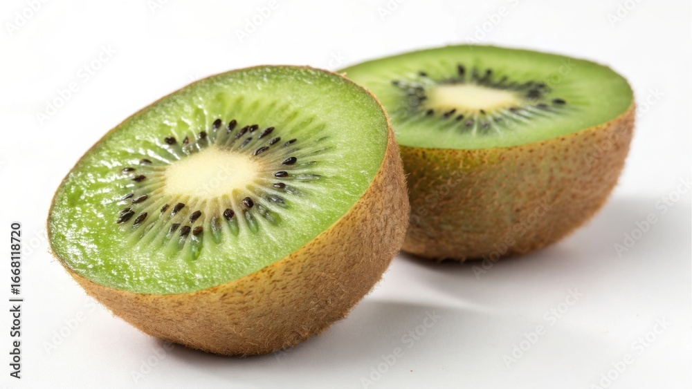 Fototapeta premium Fresh kiwi fruit sliced in half, isolated on white background