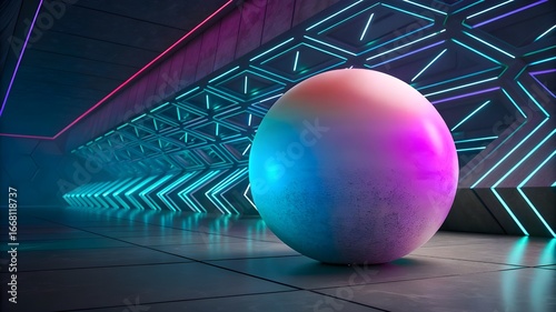 Neon Sphere in Futuristic Space: A captivating abstract composition features a vibrant, luminous sphere, casting a spectrum of colors in a futuristic environment with neon light.