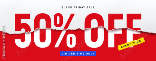 Discount offer for Black Friday Sale. Vector promotion banner with special offer for Black Friday Sale with white torn or ripped paper, tape piece and typography design. Ads template.