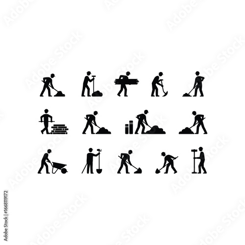 Collection of diverse construction worker silhouettes performing various manual labor tasks and activities