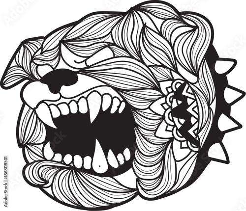 Intricate black and white illustration of an aggressive bulldog head with an open mouth, featuring decorative wavy patterns and a spiked collar.