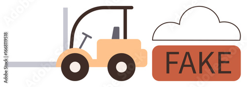 Forklift moving toward a block labeled FAKE next to a simple cloud shape. Ideal for logistics, warehouse, transportation, fraud detection, fake content awareness, data security, simple flat metaphor
