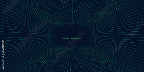 Futuristic rectangular tunnel of shining green lines in dark background. Glowing points geometric tunnel. Abstract cyberspace background.