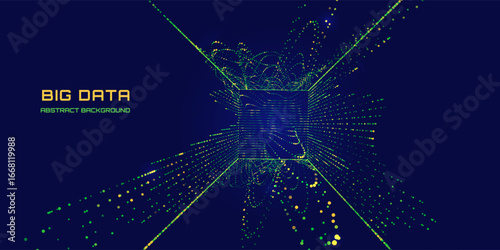 Abstract futuristic waves from particles in lines on dark. Noise  from color data baza. Sound wave and audio background. Square with explosion of bright particles. For science, technology and artifici