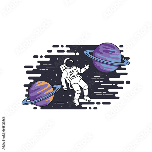 Astronaut floating in deep space among colorful planets and starry sky exploring the cosmos