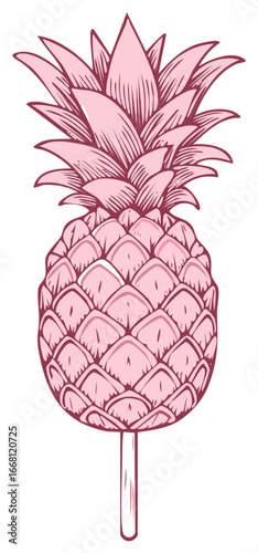 Pink pineapple fruit on a stick in graphic vector drawing, summer sweet dessert sketch