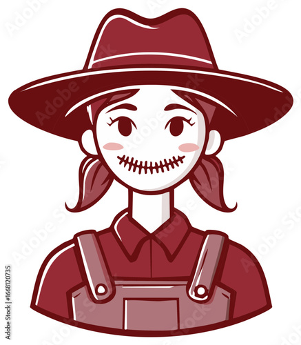Cartoon farmer girl in hat and overalls with stitched mouth isolated