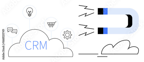 Cloud labeled CRM connects symbols thumbs up chat, ideas, cart, gears with a magnet attracting elements. Ideal for customer retention, marketing tools, cloud hosting, online business, innovation