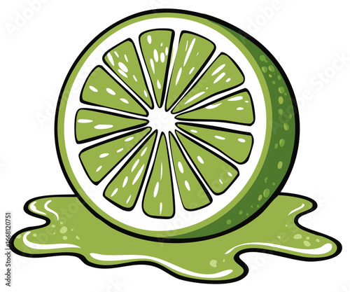 Juicy lime slice with dripping juice, vibrant green citrus fruit illustration