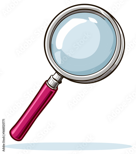 Illustration of a simple magnifying glass with a vibrant pink handle and chrome finish with clear glass lens