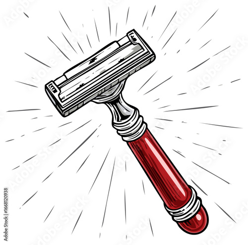 Vintage-style shaving razor with radial rays illustration on a white background