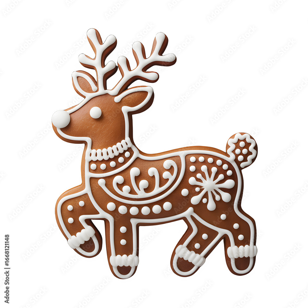 Naklejka premium Gingerbread Reindeer Cookie with White Icing Decoration Isolated on Transparent Background