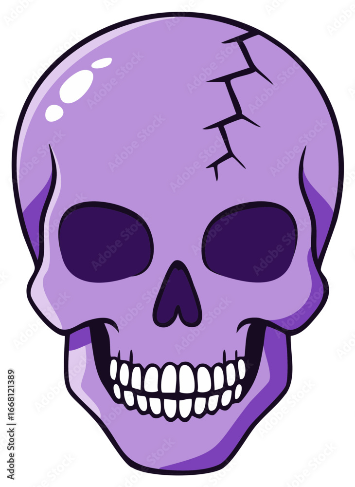 Fototapeta premium Purple Cartoon Skull with Cracks, Teeth, and Empty Eye Sockets in Vector Art Style Isolated on White