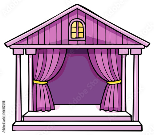 Whimsical purple theater stage with classic columns and draped curtains for performance