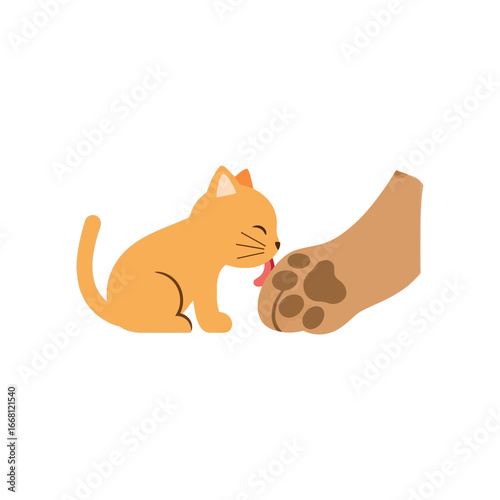 Orange kitten licking a human foot with paw prints.