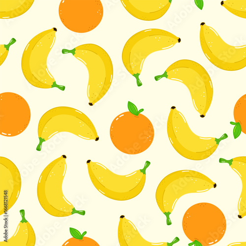 A cheerful pattern of bananas and oranges creates a fun and vibrant design.