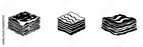 Different layers of lasagna with various textures and patterns displayed on a plain background