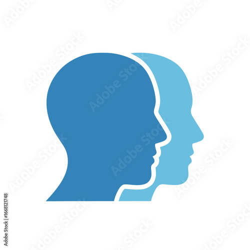 Two blue human head profiles facing right on white background.