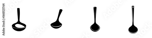 Different types of ladles arranged in a row displaying various shapes and designs suitable for cooking and serving