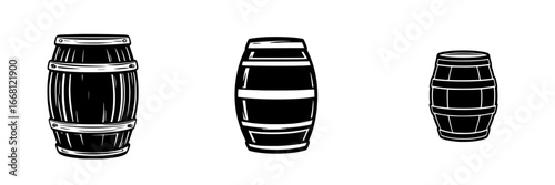 Illustration of wooden barrels in various sizes, showcasing traditional craftsmanship and design elements in a rustic style