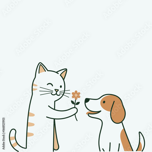Cat offers flower to happy dog in simple line art.